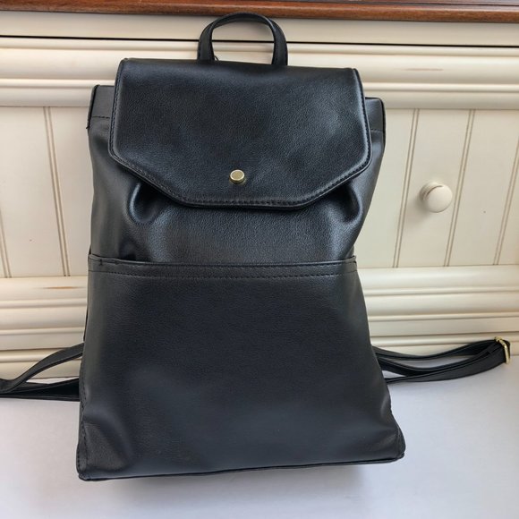 NEW - Time And Tru Black Faux Leather Backpack Academia Classic Minimalist - Picture 3 of 14